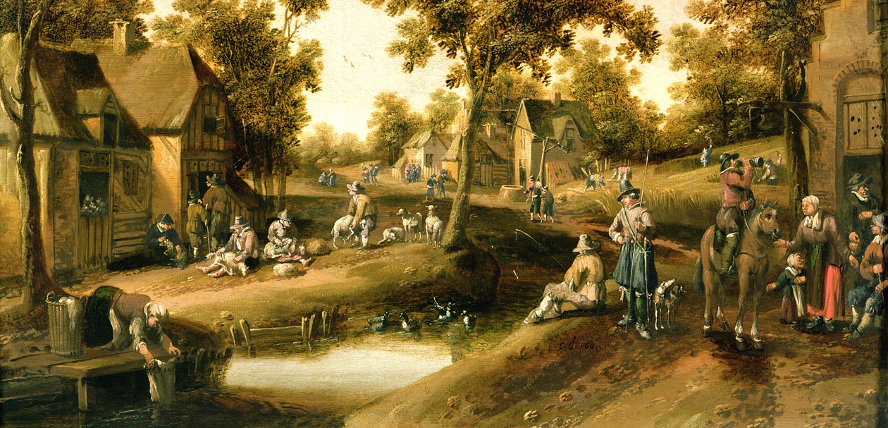 Dere Kenarında Köylülerin Olduğu Bir Köy Manzarası by Joost Cornelisz. Droochsloot