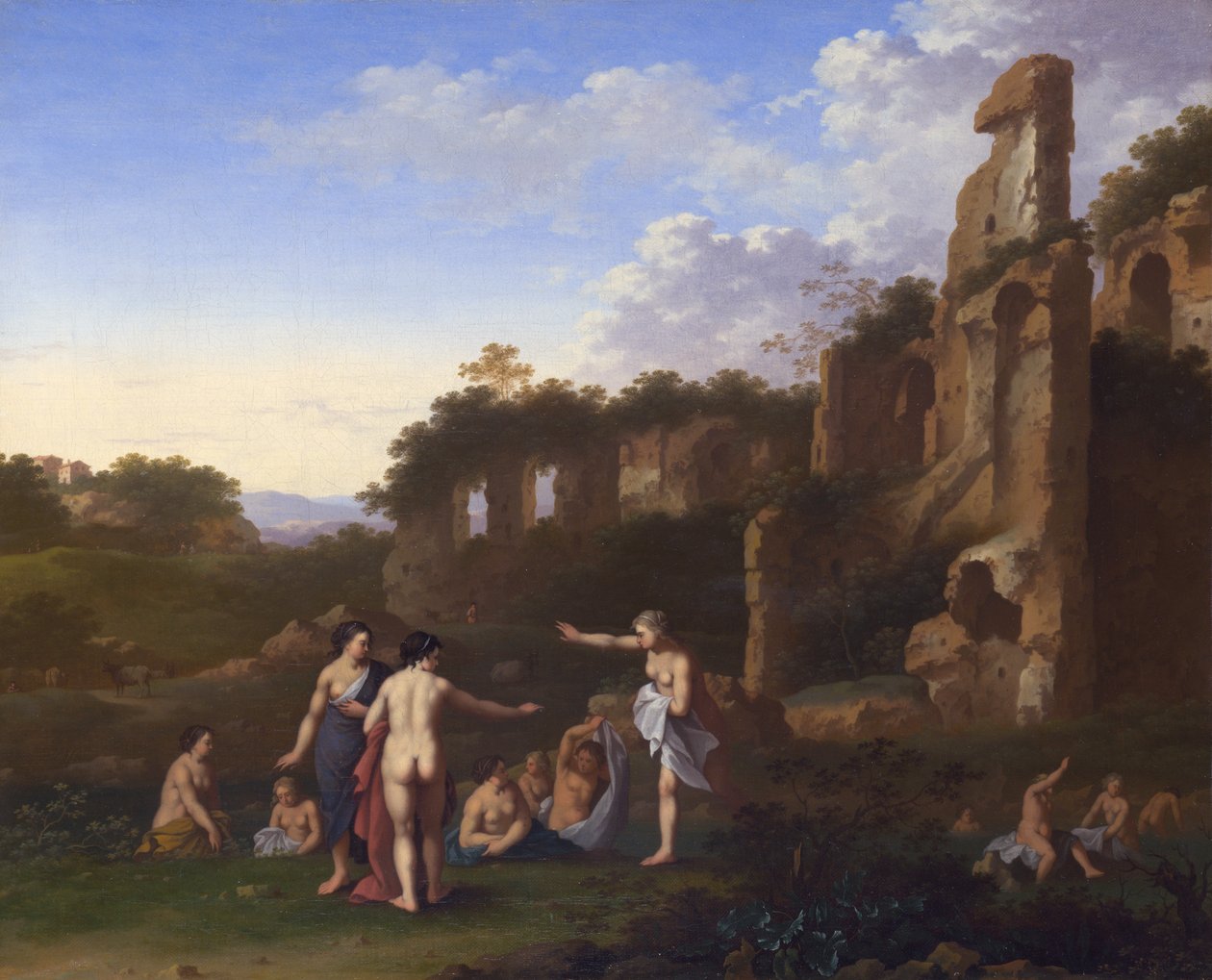 Manzarada yıkanan kadınlar by Cornelis van Poelenburgh or Poelenburch