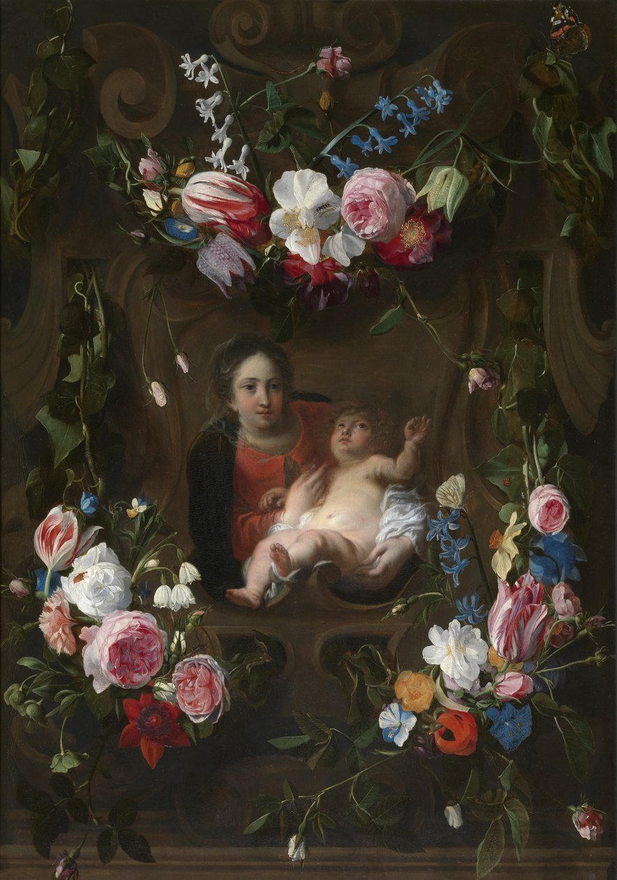 Bir Çiçek Çelengi ile çevrili Madonna (panel üzerine yağlıboya) by Cornelius I Schut