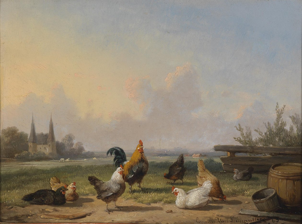 Geniş bir manzara önünde tavuklar by Cornelius Van Leemputten