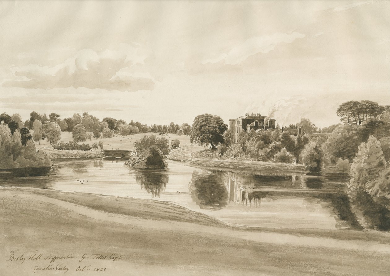 Betley Hall: sepya yıkama çizimi, Ekim 1820 by Cornelius Varley
