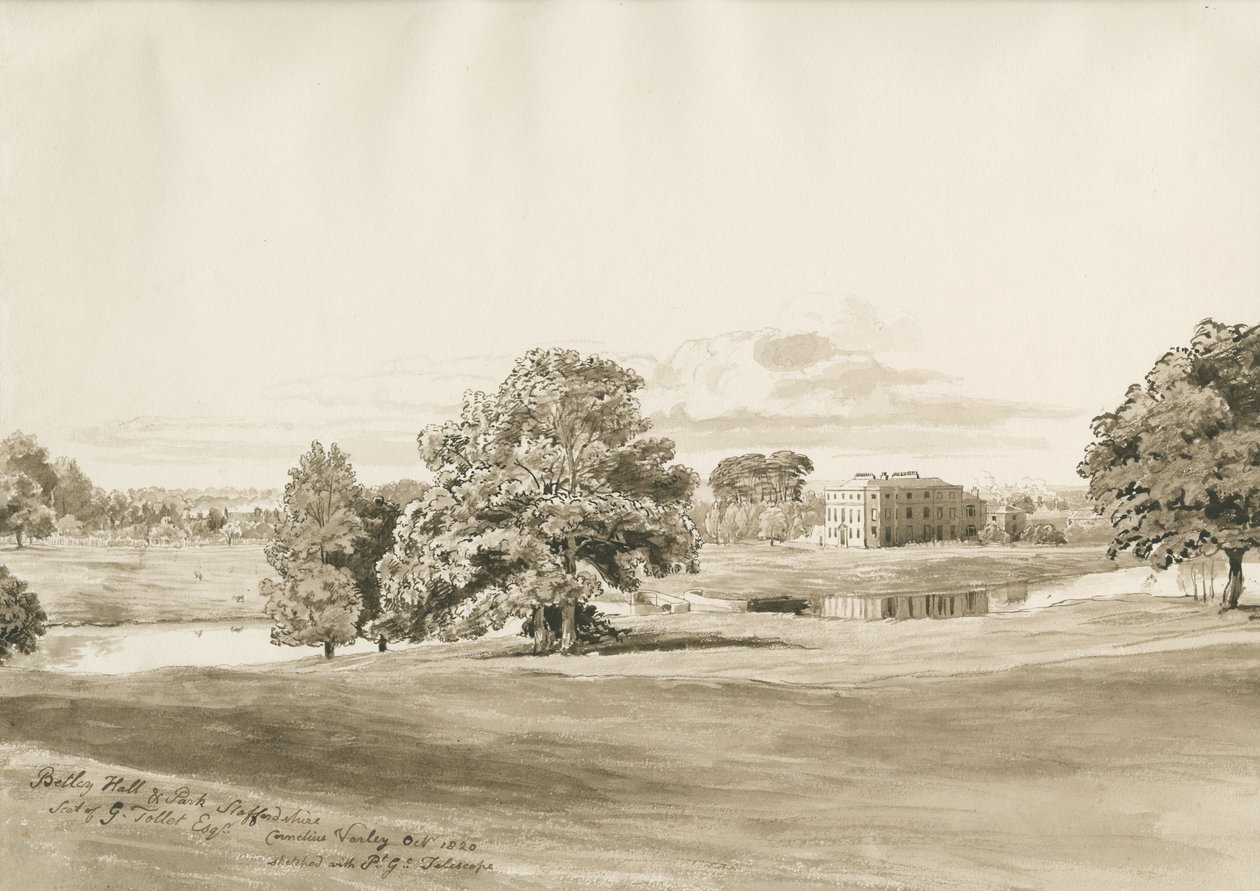 Betley Hall: sepya yıkama çizimi, Ekim 1820 by Cornelius Varley