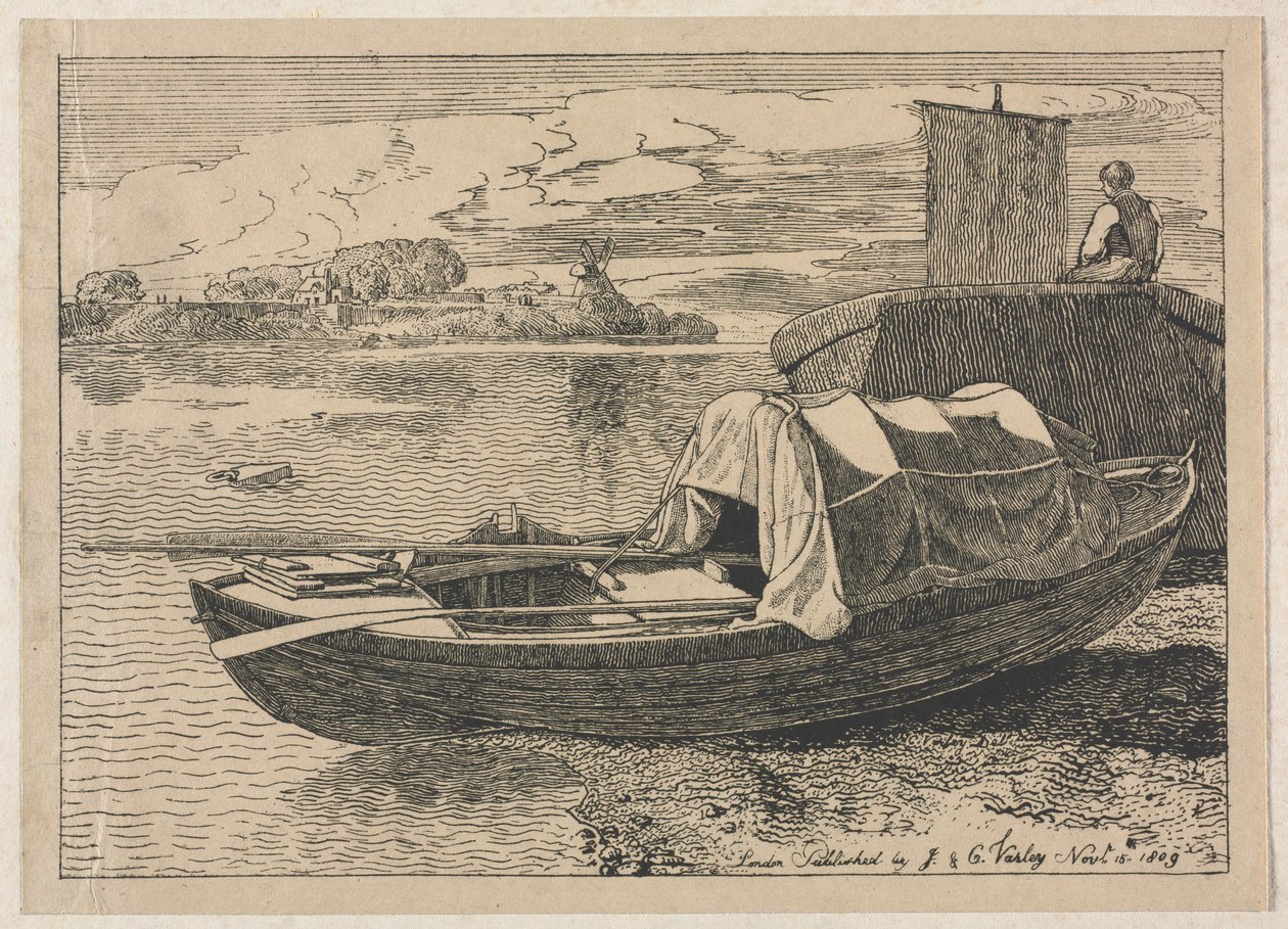 Nehirdeki Tekneler, Uzakta Yel Değirmeni by Cornelius Varley