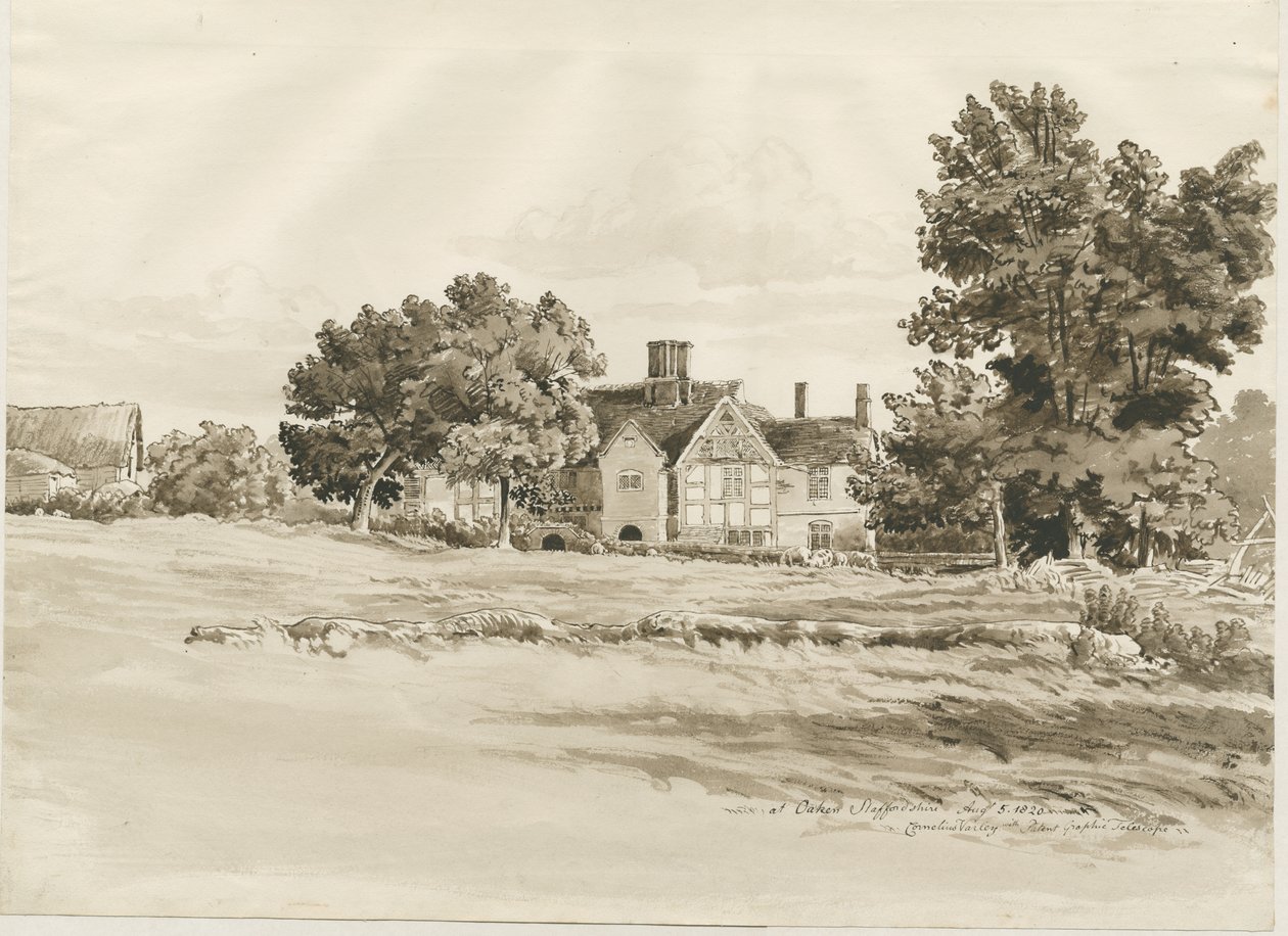 Oaken - Çiftlik Evi: sepya yıkama çizimi, 5 Ağu 1820 by Cornelius Varley