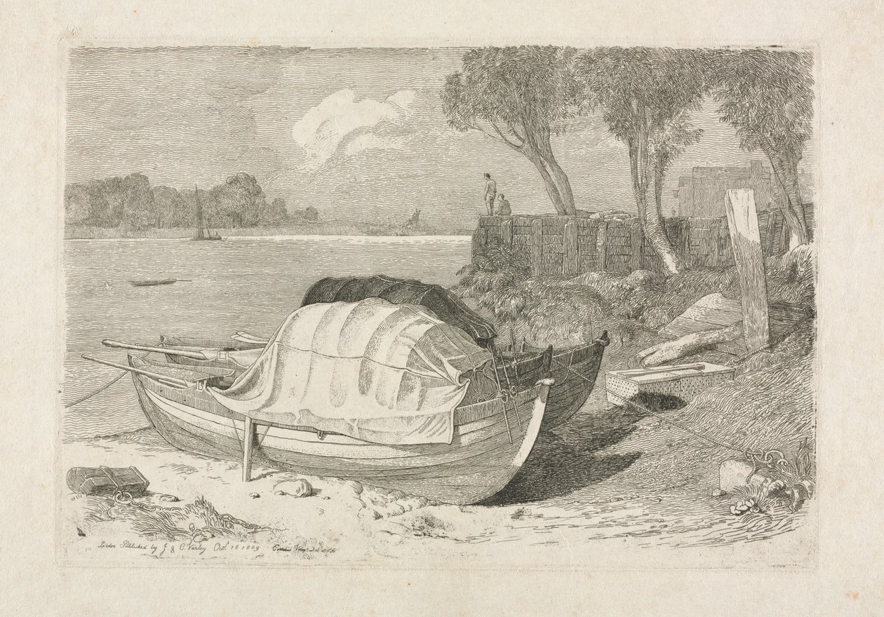 İki Sahilde Balıkçı Teknesi by Cornelius Varley