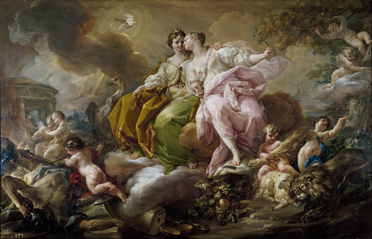 Adalet ve Barış - Resim Corrado Giaquinto (1703-1766) - c. 1754 - Tuval üzerine yağlı boya - 216x325 cm - Rokoko sanatı - Museo del Prado, Madrid by Corrado Giacquinto