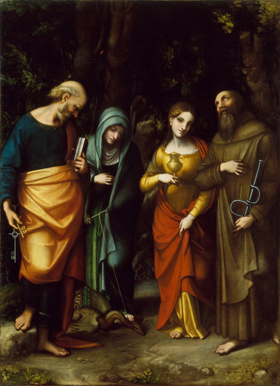 Aziz Peter, Martha, Mary Magdalen ve Leonard, c.1515-7 by Antonio da Correggio