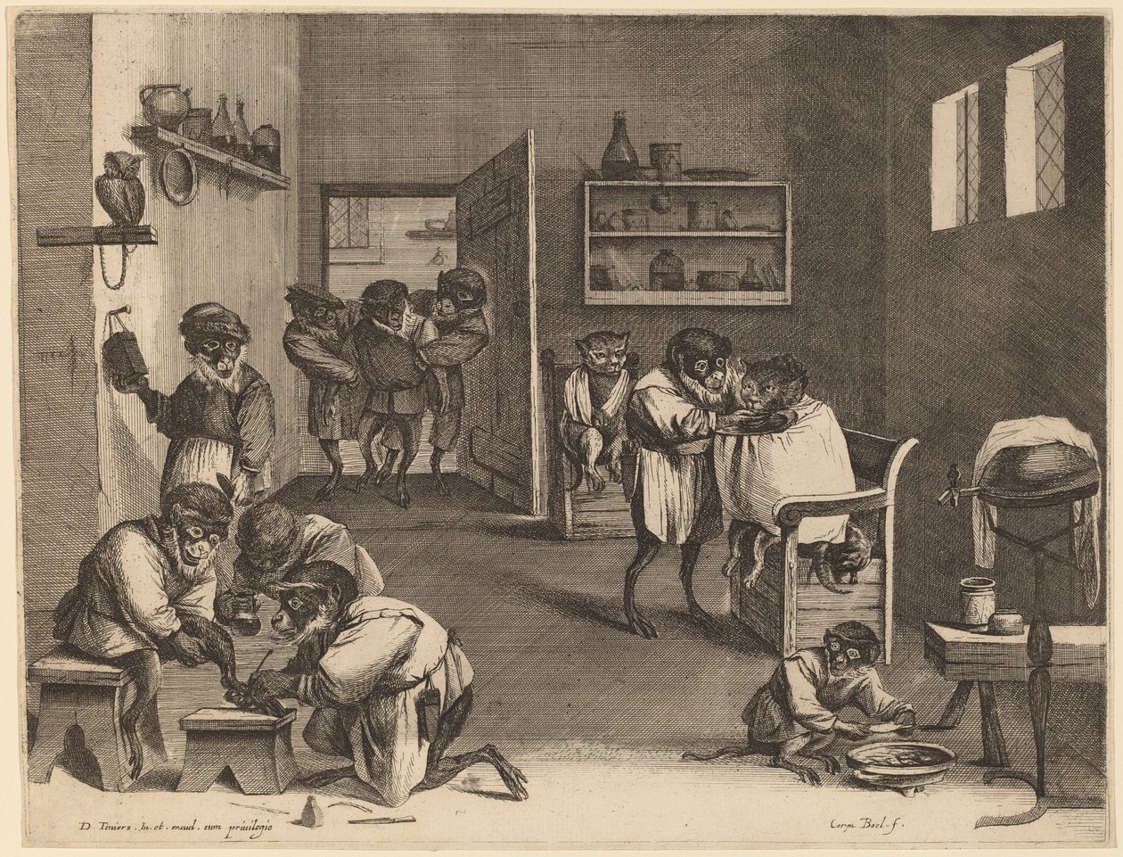 Maymunların Berber Dükkanı by Coryn Boel after David Teniers the Younger