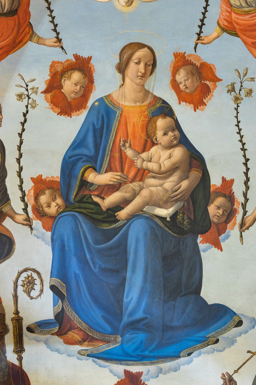 Görkemli Çocuklu Madonna, Aziz Ambrose, Assisili Aziz Francis, Baba Tanrı ve meleklerin, Altarpiece, detay (fresk) by Cosimo Rosselli