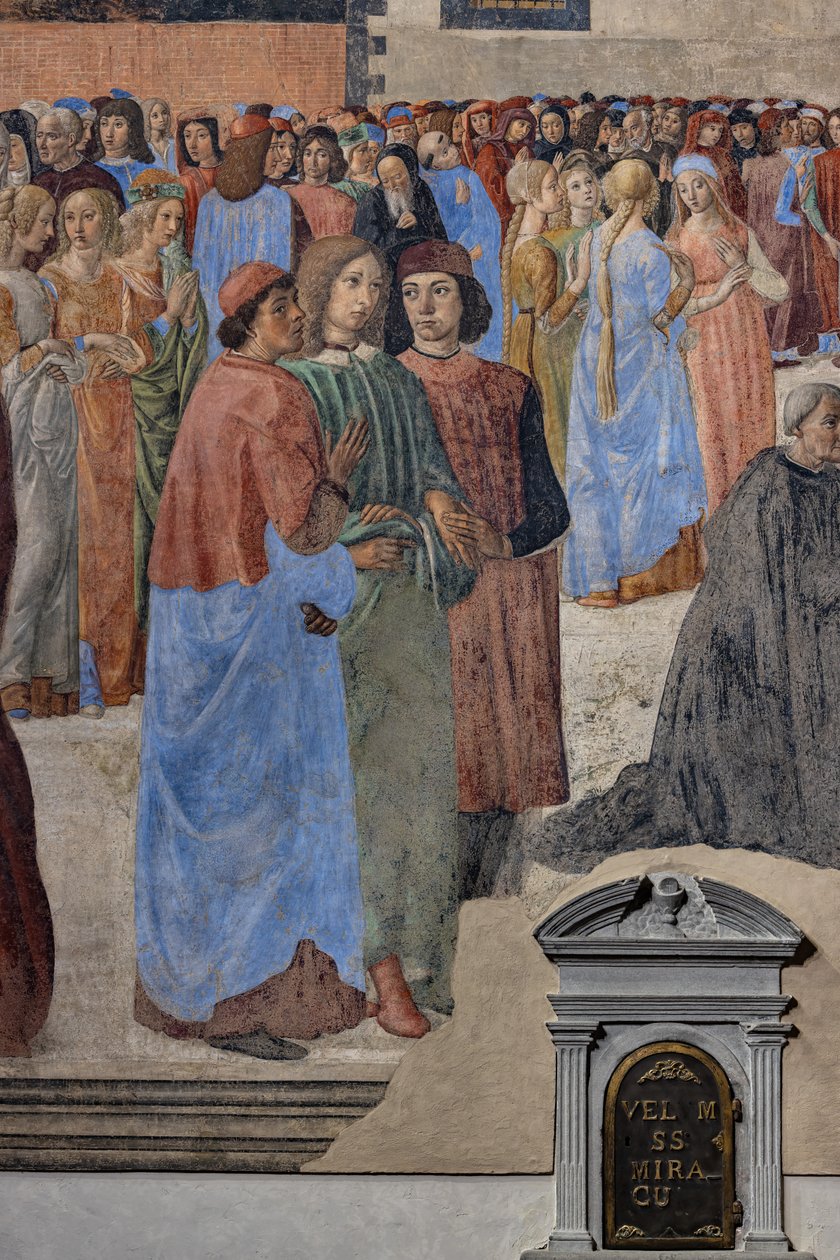 Neoplatonik Hümanistler Grubu' (soldan, Marsilio Ficino, Giovanni Pico della Mirandola ve Agnolo Poliziano): 'Ayin Mucizesi' detayı, fresk (fresk) by Cosimo Rosselli