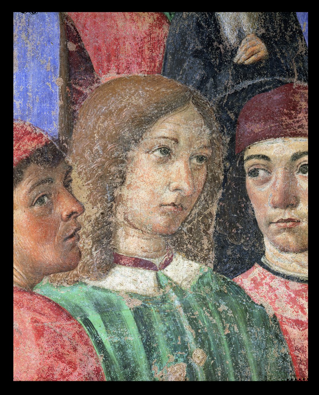 S. Ambrogio Kilisesi Önünde Piskopos Alayı, Poliziano 1454-94 Pico della Mirandola 1463-94 ve Marsilio Ficino 1433-99 1468 fresk detayı by Cosimo Rosselli