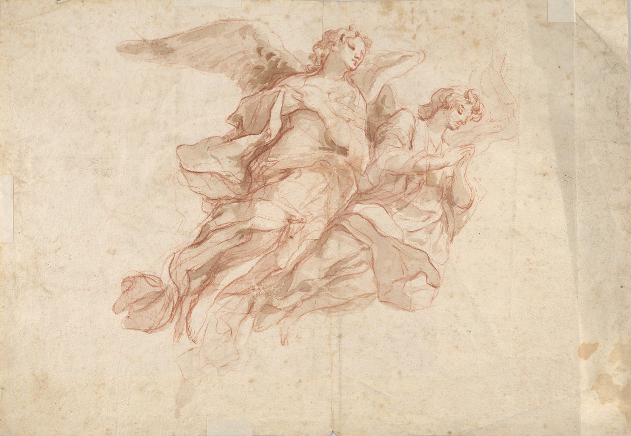 Uçan İki Melek, tersi: Bulutlarda Oturan Baba Tanrı ve Uçan Bir Figürün Krokisi, c1720 by Cosmas Damian Asam