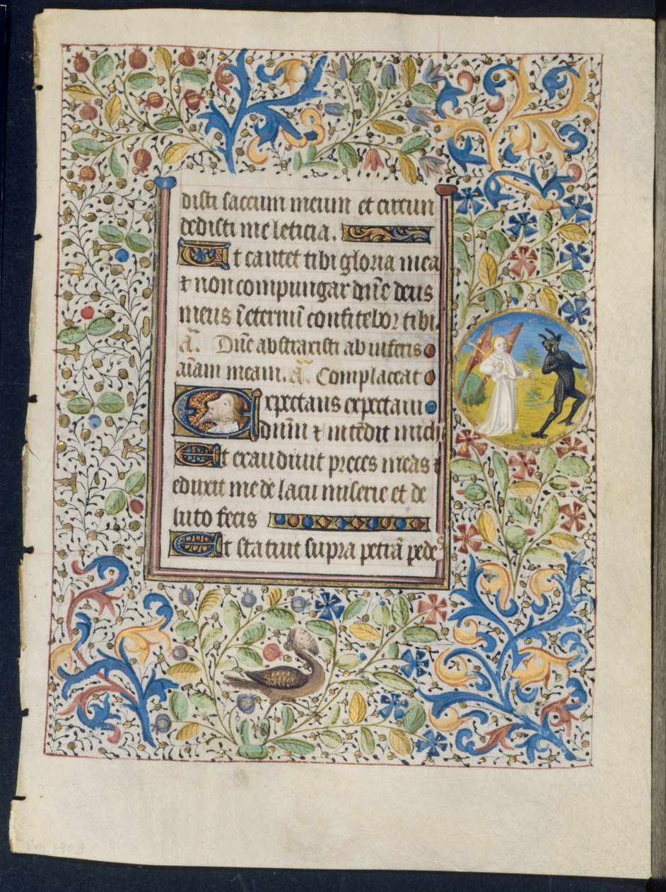 Saatler Kitabından Yaprak: Bir Şeytanı Kovalayan Melek recto ve İki Şeytanın tersi, c. 1460. by Coëtivy Master