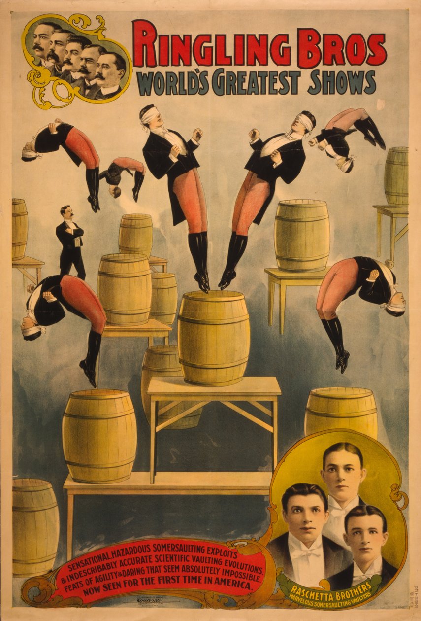 Ringling Bros, dünyanın en iyi şovları Raschetta kardeşler, muhteşem takla atıcılar, c. 1900 by Courier Company Lith.