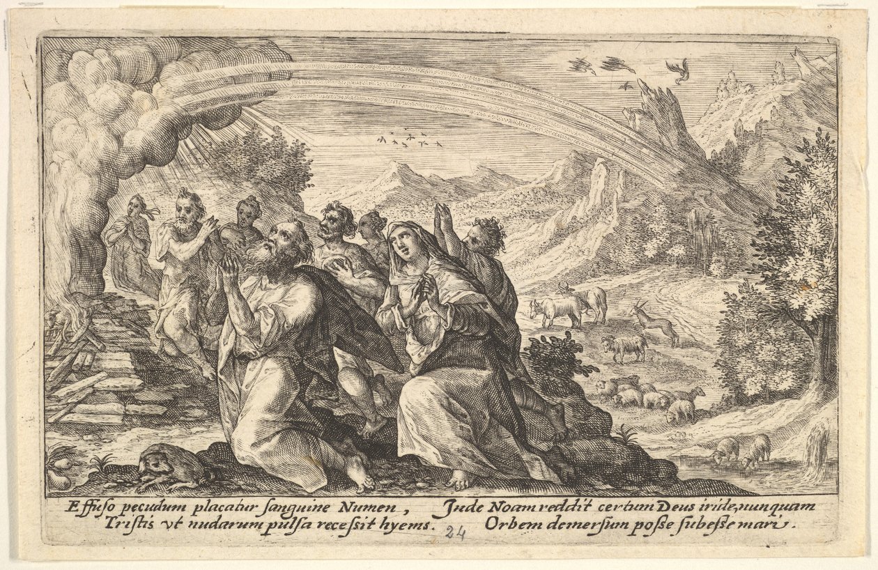 Tanrı Nuh ile bir antlaşma yapar: Nuh dumanı tüten bir odun yığınının yanında diz çöker s..., 1612. by Crispijn de Passe I