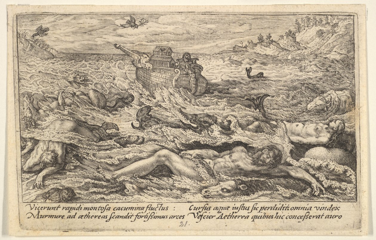 Tufan dünyadaki yaşamı yok eder: ön planda başıboş insan ve hayvan cesetleri..., 1612. by Crispijn de Passe I