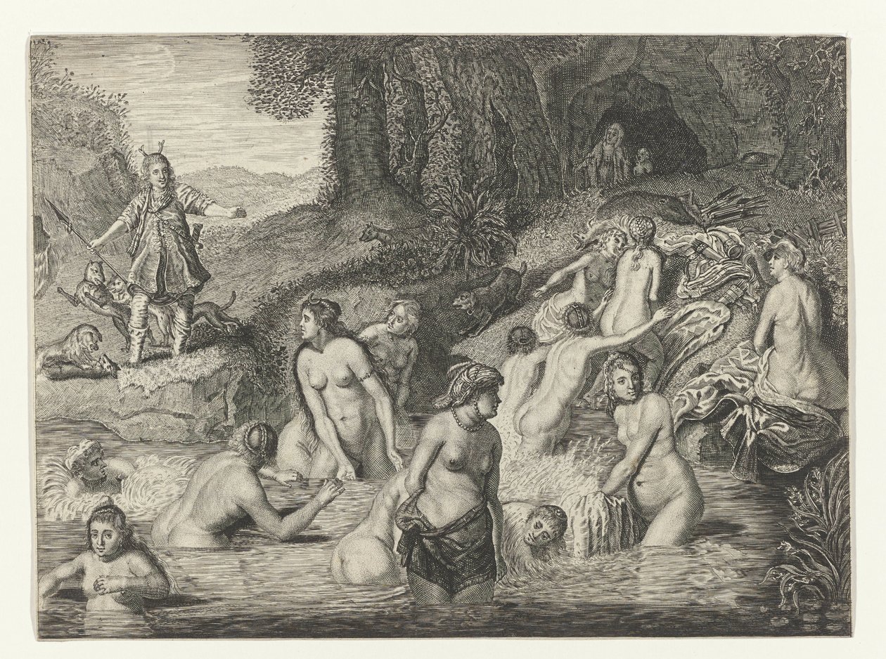 Diana, Actaeon'u bir geyiğe dönüştürüyor Ovid'in Metamorfozları (seri başlığı) by Crispijn van de Passe (II)