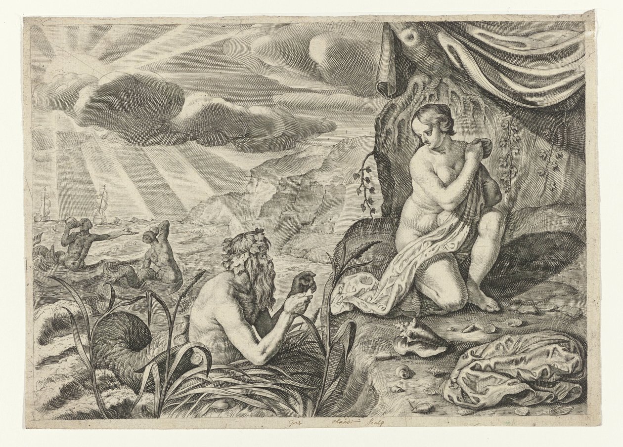 Scylla, Glaucus Glauci'den kaçarken Scylla'ya aşık (nesnedeki başlık) Ovid'in Metamorfozları (dizi başlığı) by Crispijn van de Passe (II)