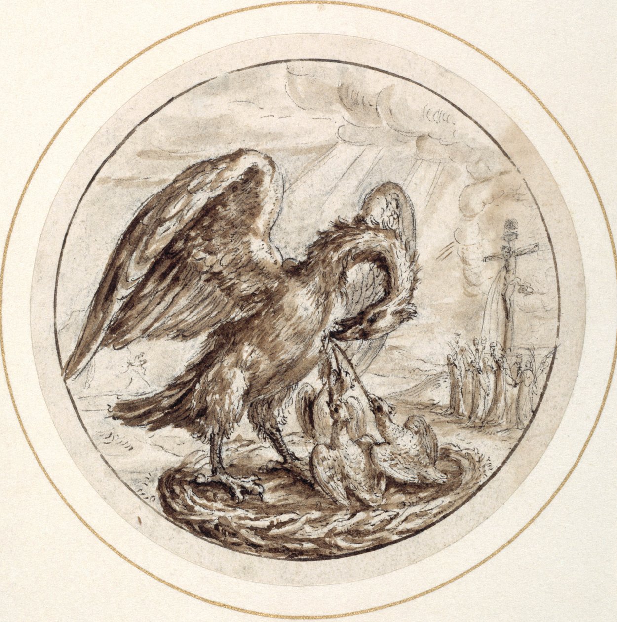 Dindarlığında bir Pelikan, 17. yüzyılın başlarında (kahverengi astarlı kalem ve kahverengi mürekkep) by Crispin I de Passe