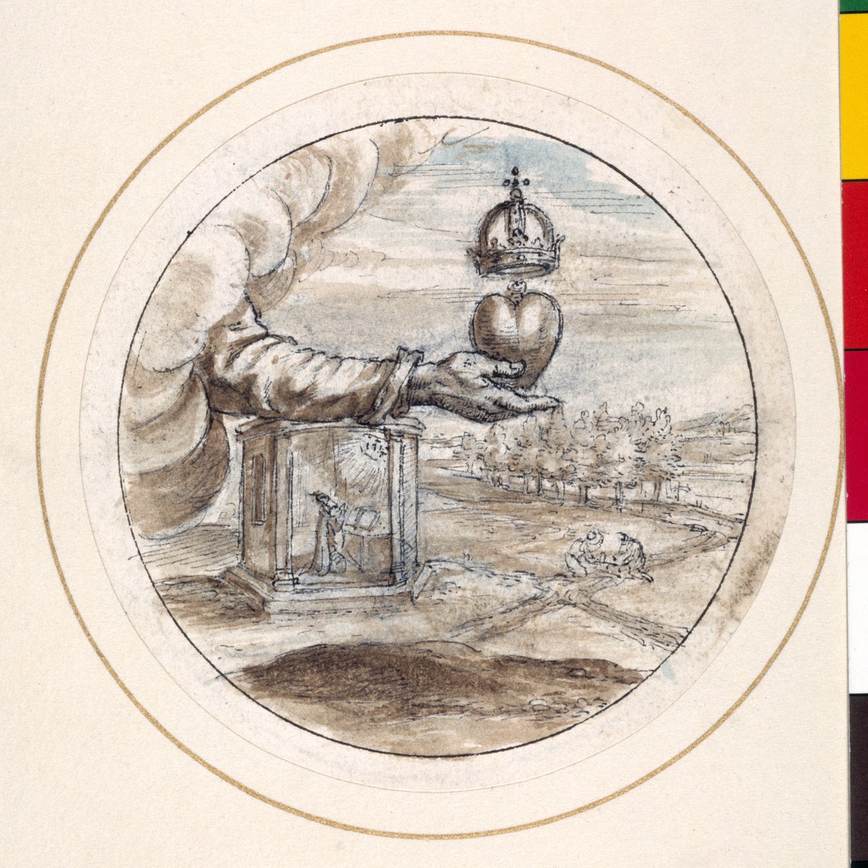 İmparatorluk tacı olan bir kalbi destekleyen bir el (kağıt üzerinde kahverengi ve gri yıkama ile kalem ve kahverengi mürekkep) by Crispin I de Passe