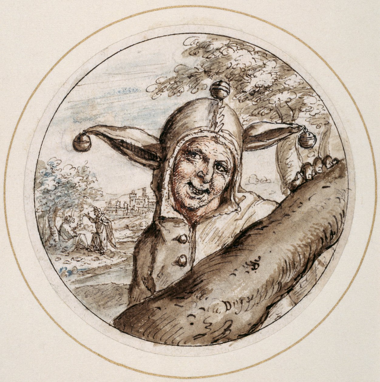 Fool with Cap and Bells, 17. yüzyılın başları (kahverengi, gri ve gül desenli kalem ve kahverengi mürekkep) by Crispin I de Passe