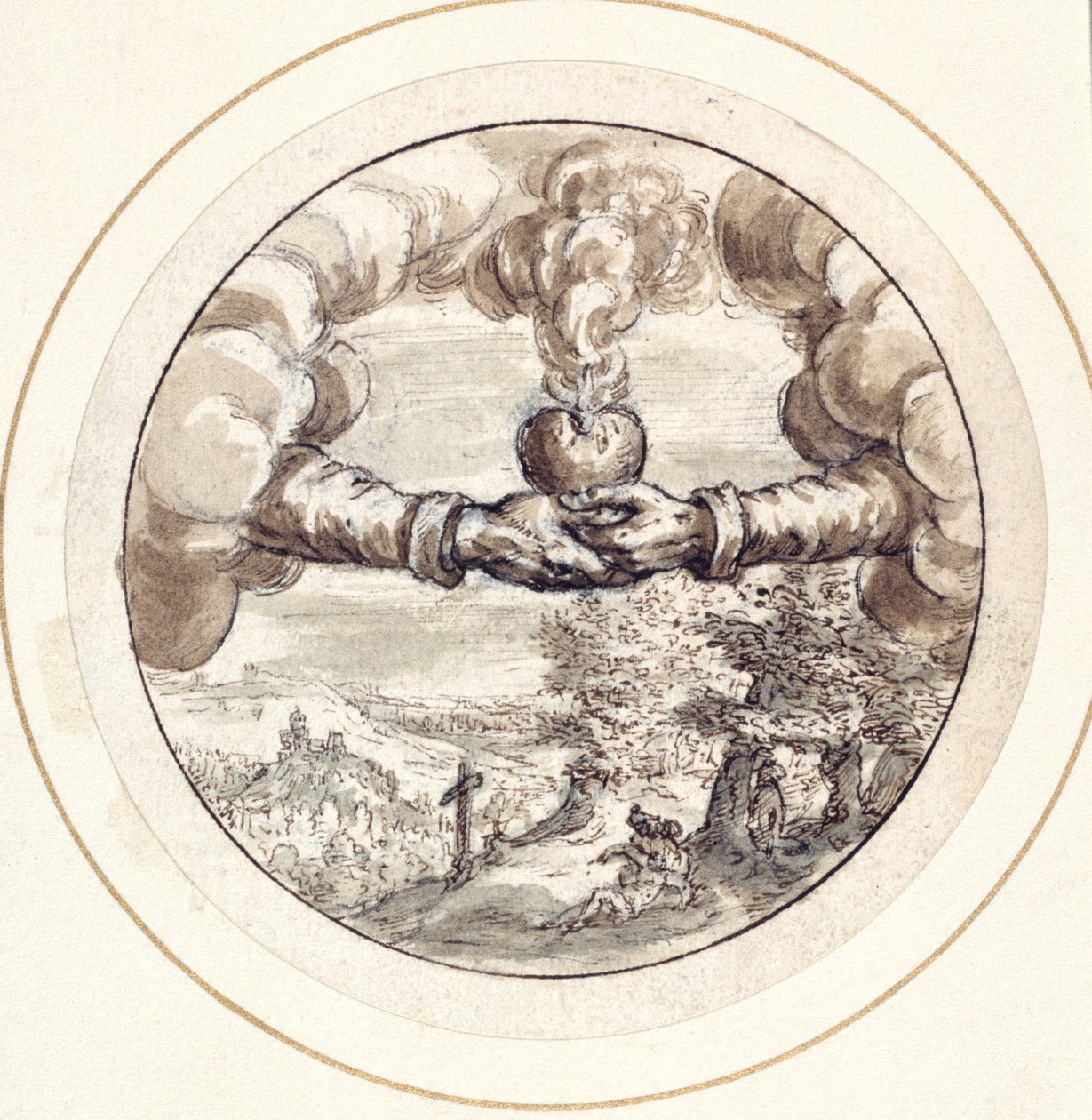 Circus Maximus manzaralı yanan bir kalp ve imparatorluk tacı tutan eller (kağıt üzerinde kahverengi yıkama ile kalem ve kahverengi mürekkep) by Crispin I de Passe