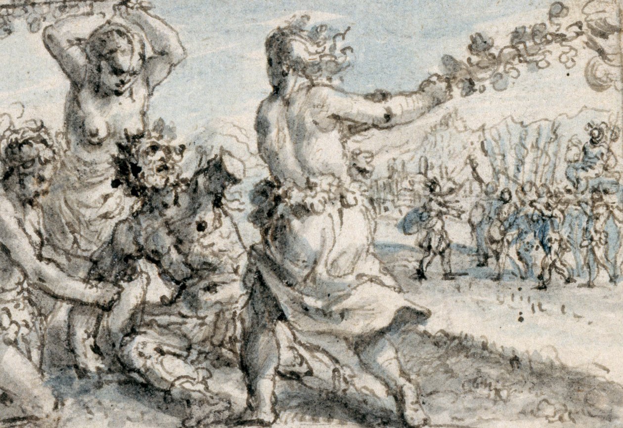 Pentheus'u yenen Maenads, 17. yüzyılın başları (kahverengi, mavi ve gri yıkamalı kalem ve kahverengi mürekkep) by Crispin I de Passe