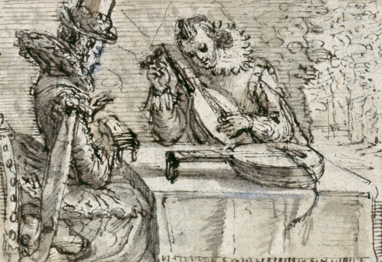Ud çalan gençlik (kağıt üzerinde kahverengi lekeli kalem ve mürekkep) by Crispin I de Passe