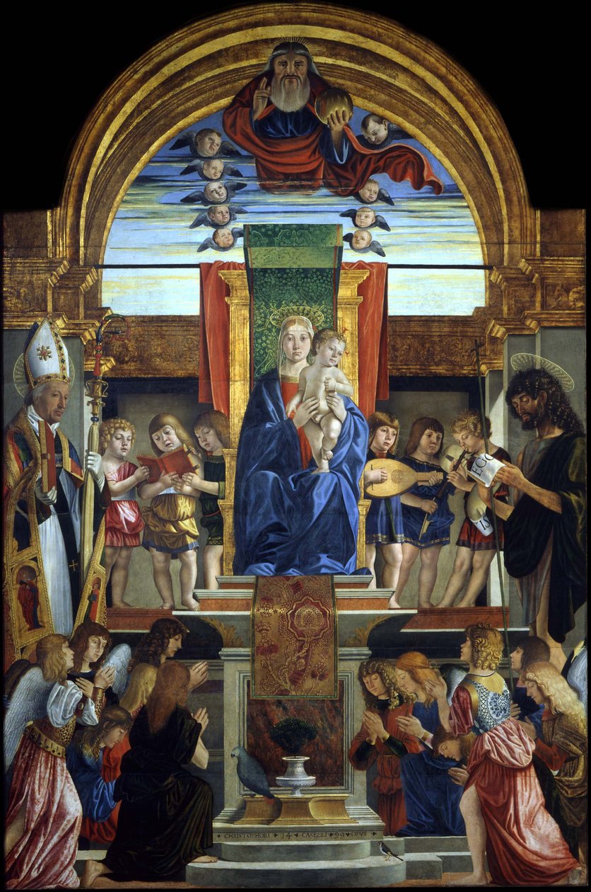 Bakire ve Çocuk, Tanrı Baba ve Azizler Hilarius ve Vaftizci Yahya ile Enthroned, 1499 by Cristoforo Caselli