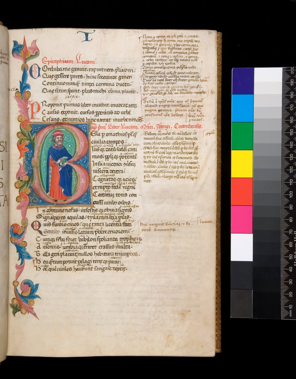 Ms 325. Lucan, Bellum Civile ve diğer eserler, f.10r. Işıklı baş harfi [B], tam boy bir yazar portresinin yer aldığı, kısmi bir yaprak sınırına uzanan, c.1400-10 (parşömen) by Cristoforo Cortese