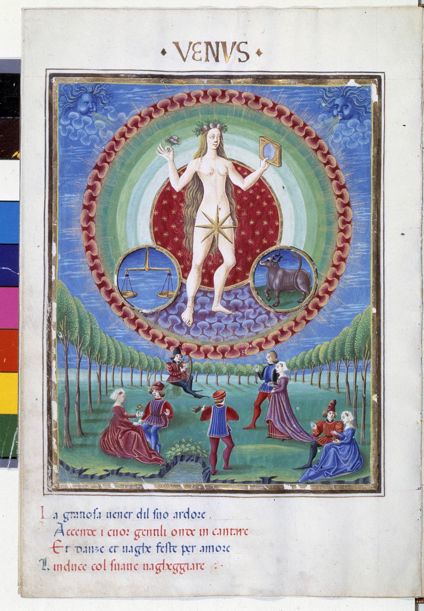 Denge ve boğa zodyak işaretleri ile geldi. Alt katta, cesur sahneler. Minyatür Cristoforo de Predis (v. 1440-v. 1486) - “” De Sphaera””” d