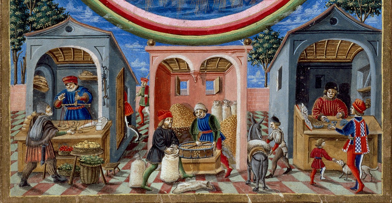 Çeşitli ürünler satan tüccarların ayrıntıları: solda, meyve ve sebze tüccarı, ortada bir değirmenci tahıl kalıplama (Minyatür, yaklaşık 1470) by Cristoforo De Predis