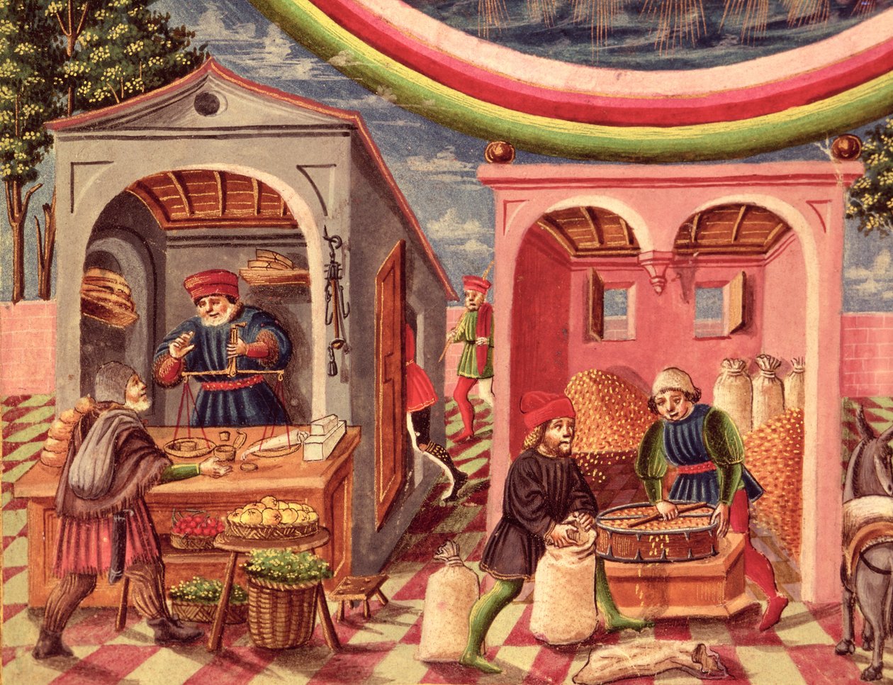 Ms Lat 209 fol.6v Jüpiter, meyve ve tahıl tüccarlarının detayı, De Sphaera