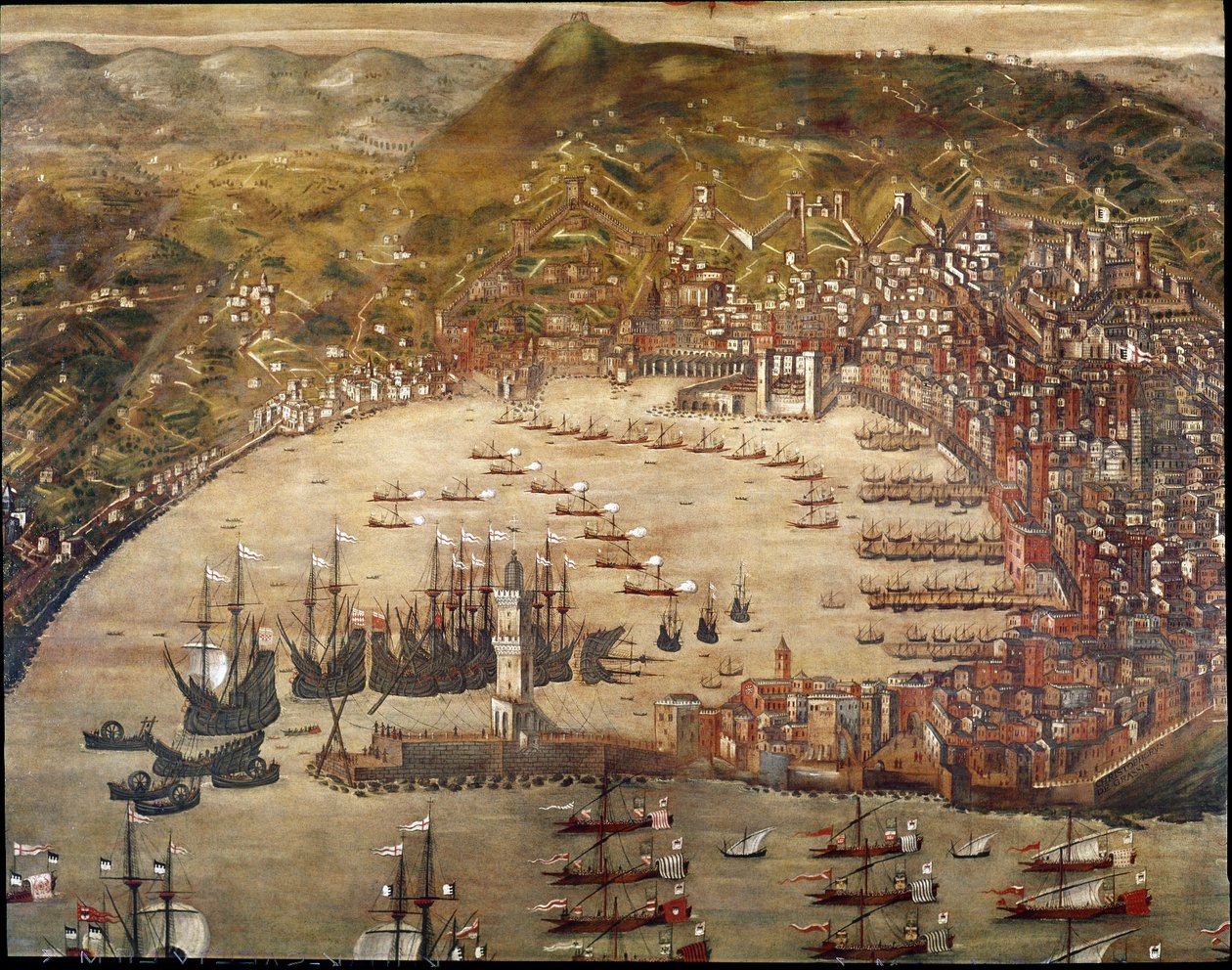 Cenova şehrinin ve limanının görünümü, içine giren gemilerle. (Tuval üzerine yağlıboya by Cristoforo Grassi or Grasso