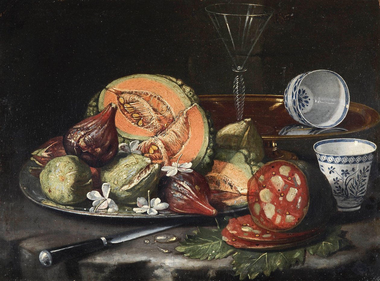 ""Natürmort"" (Natürmort) Kavun, sosis, incir ve Çin porseleni Tablo Cristoforo Monari (Munari) (1667-1720), - Tuval üzerine yağlı boya, 44x56 - Fondation Custodia by Cristoforo Munari