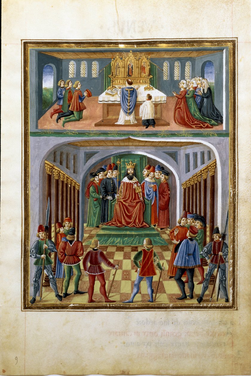 Güneşin etkisi: dünyevi güçler (kralın sarayından önce) ve manevi güçler (kilisede hizmet eden rahip). (minyatür, c.1470) by Cristoforo De Predis