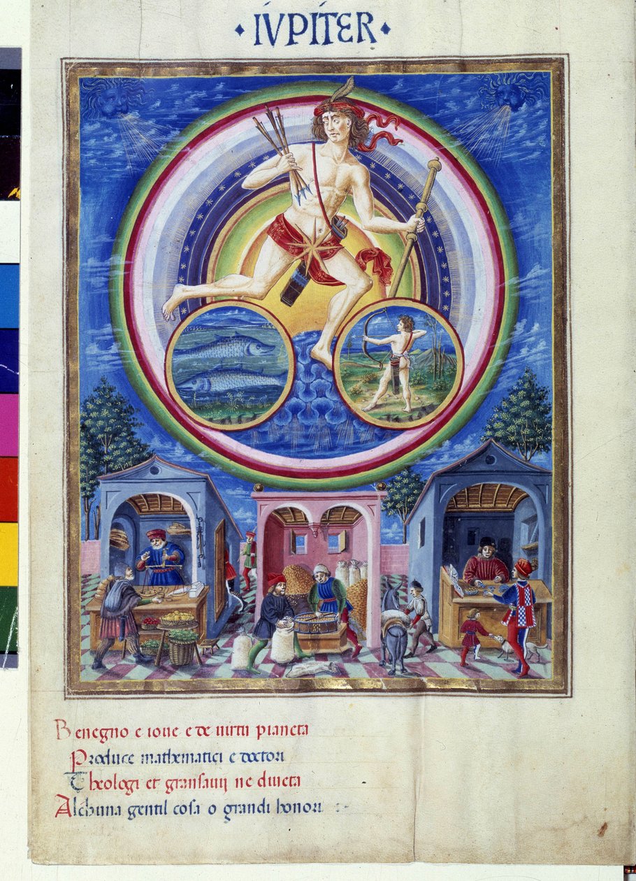 Balık ve Yay burçları olan Jüpiter. Alt katta, çeşitli ürünler satan tüccarlar. Minyatür Cristoforo de Predis (v. 1440-v. 1486) - “” De Sphaera””” d