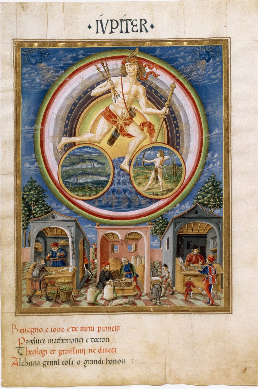 Balık ve Yay burçları olan Jüpiter. Çeşitli ürünler satan tüccarlar. (minyatür, c.1470) by Cristoforo De Predis