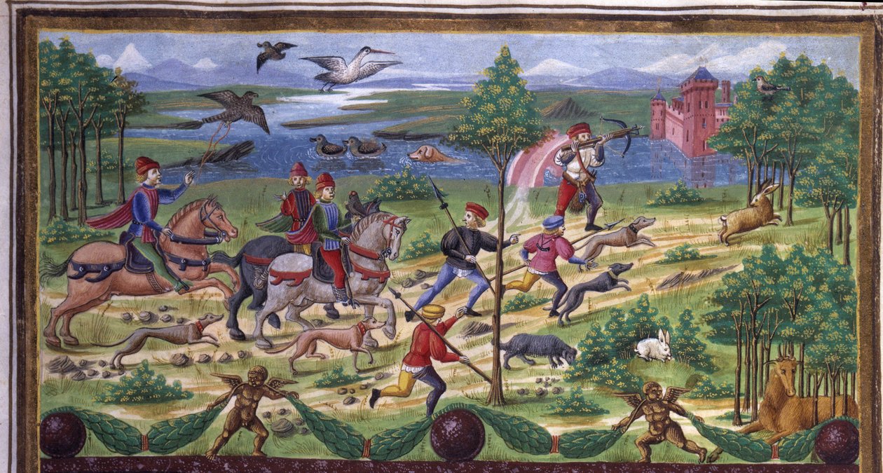 “Martın Etkisi”nde avlanma detayı: avlanma ve mahkeme. Minyatür Cristoforo de Predis (c. 1440-c. 1486) - “” De Sphaera ”” ”d