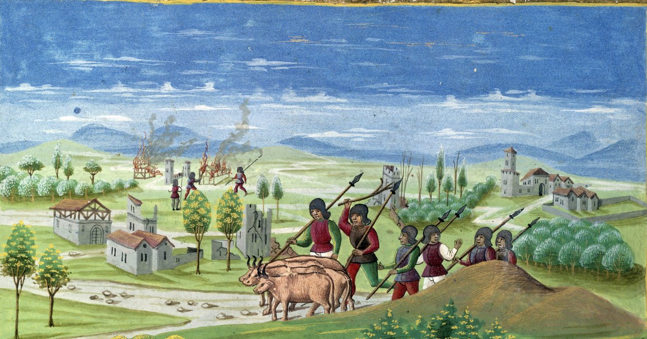 Savaş sırasında yağma. “” Güneş Etkisi “” detayı: Savaş. Minyatür Cristoforo de Predis (v. 1440-v. 1486) - “” De Sphaera””” d