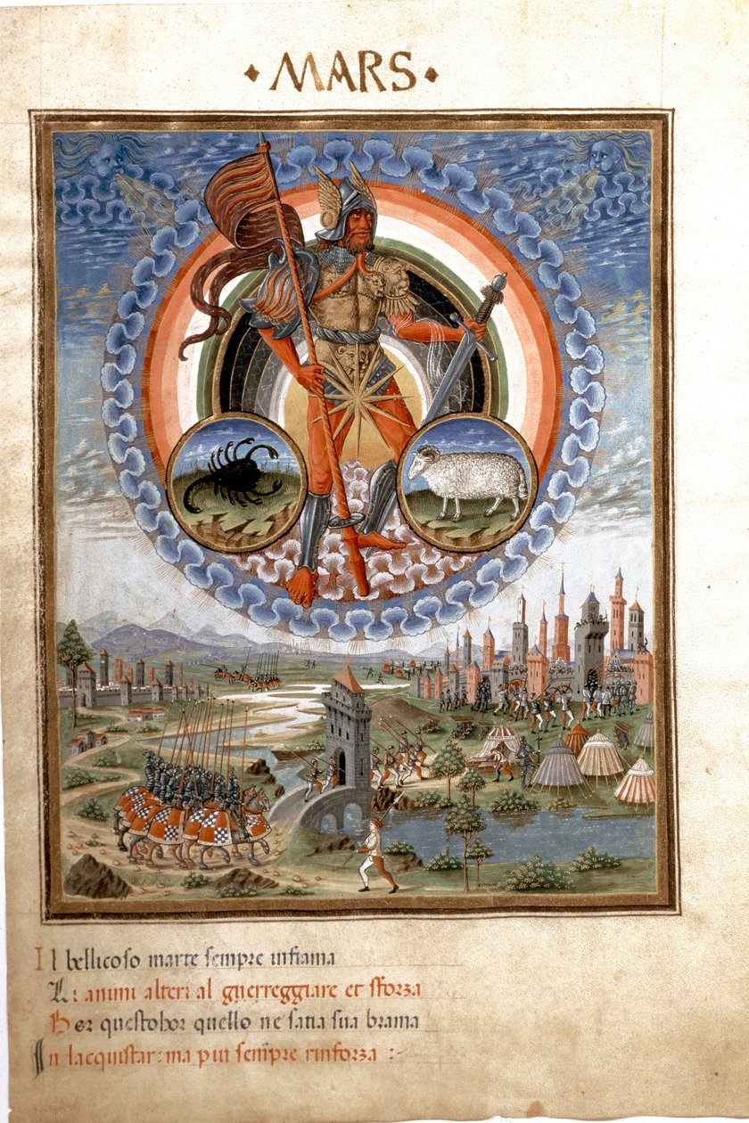 Akrep ve inananların zodyak işaretleri ile Mars. Savaş sahneleri. (minyatür, c.1470) by Cristoforo De Predis
