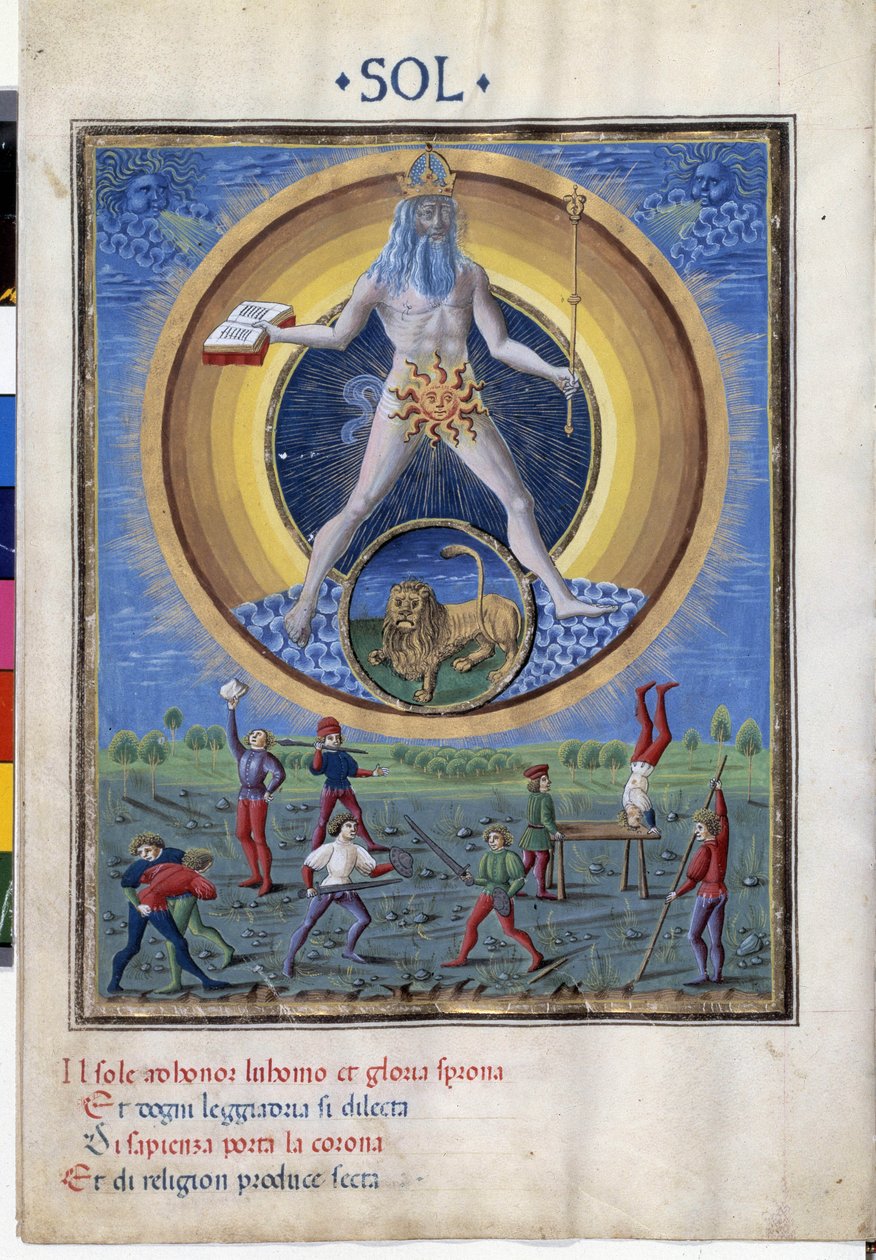 Aslan burcu ile güneş. Aşağıda erkeklerin fiziksel egzersizlerinden sahneler var. Minyatür Cristoforo de Predis (v. 1440-v. 1486) - “” De Sphaera””” d