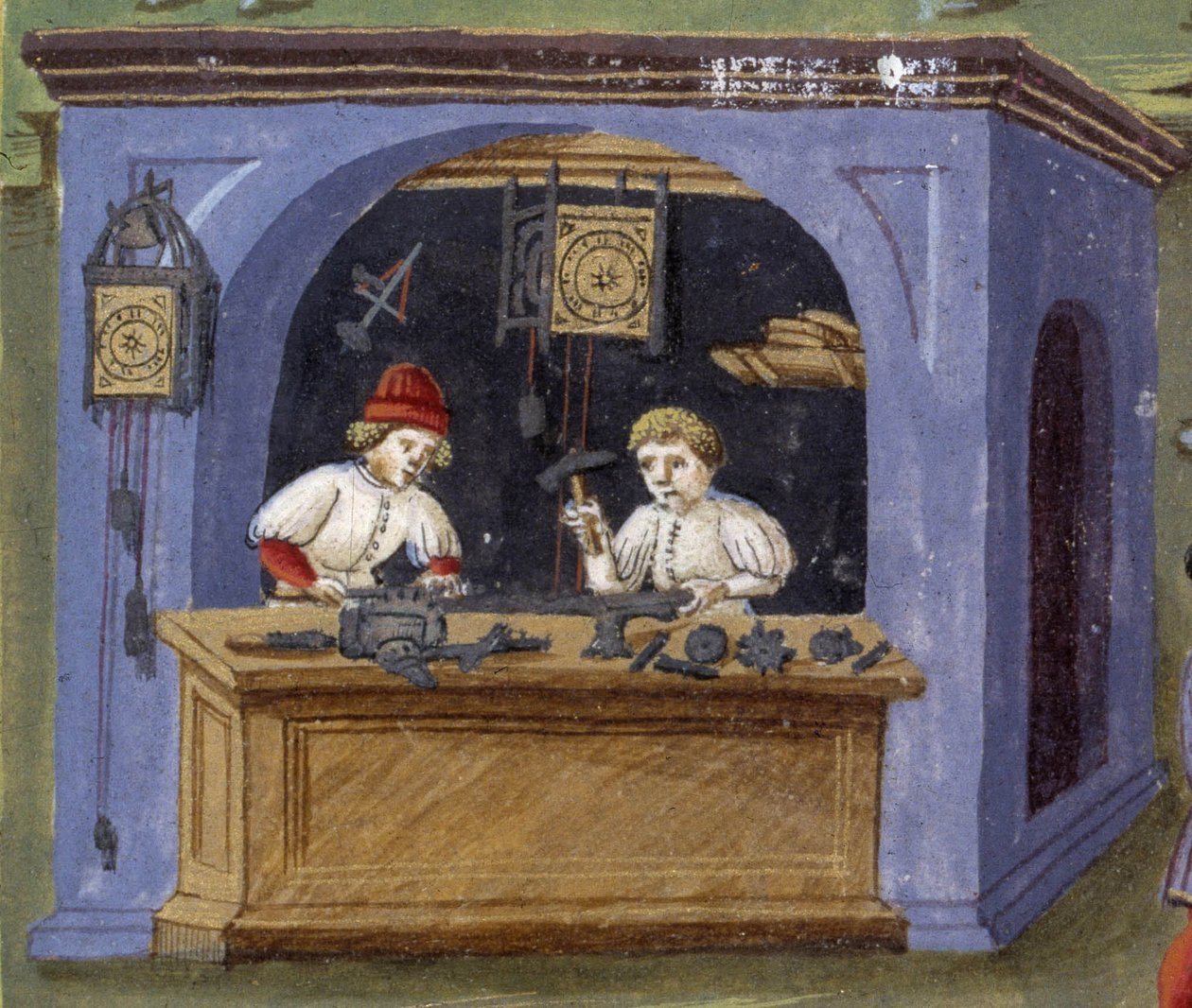 “” Ayın Etkisi “” de bir saatçi: zanaatkarlar. Minyatür Cristoforo de Predis (v. 1440-v. 1486) - “” De Sphaera””” d