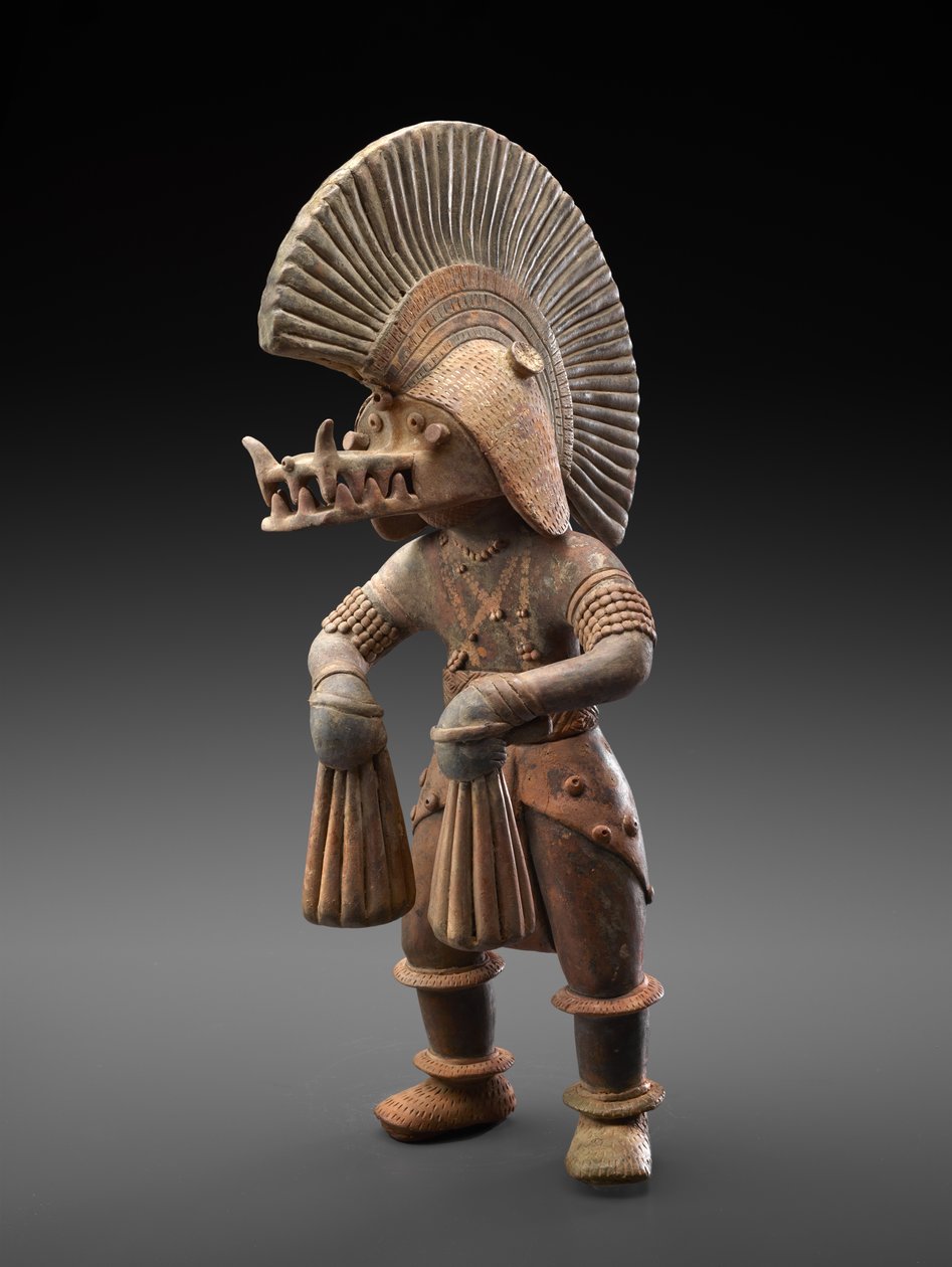 Timsah kasklı dansçı, MS 300 BC-300 (çok renkli pigment izleri olan toprak kap) by Culture Colima