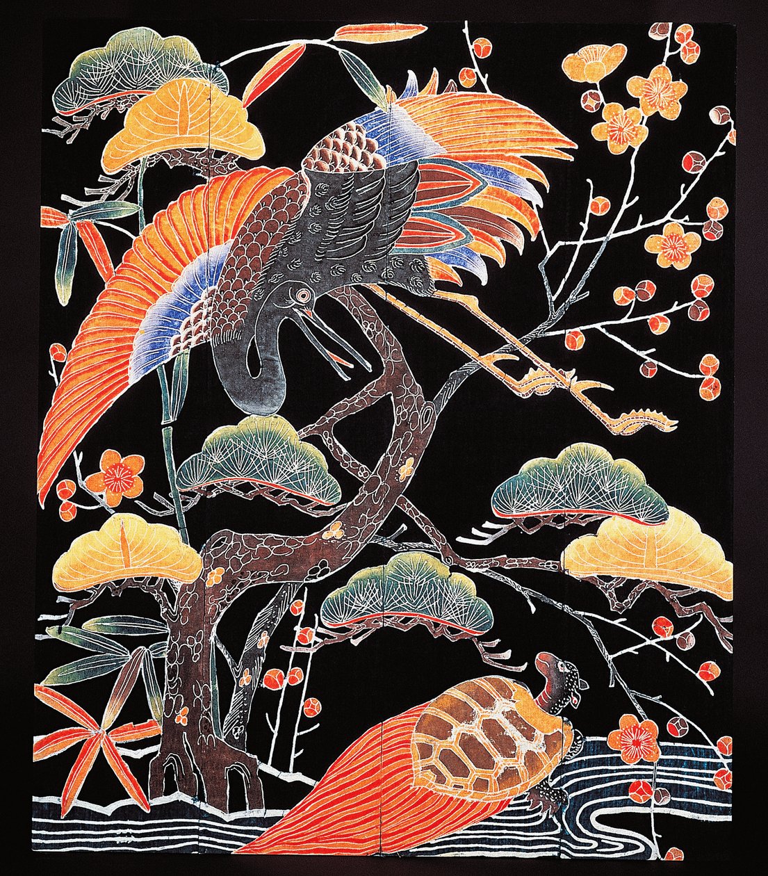 Uğurlu motifli kimono kumaştan vinç ve uzun kuyruklu kaplumbağa (tsurugame) detayı, Japon uygarlığı, Edo dönemi by Culture Edo