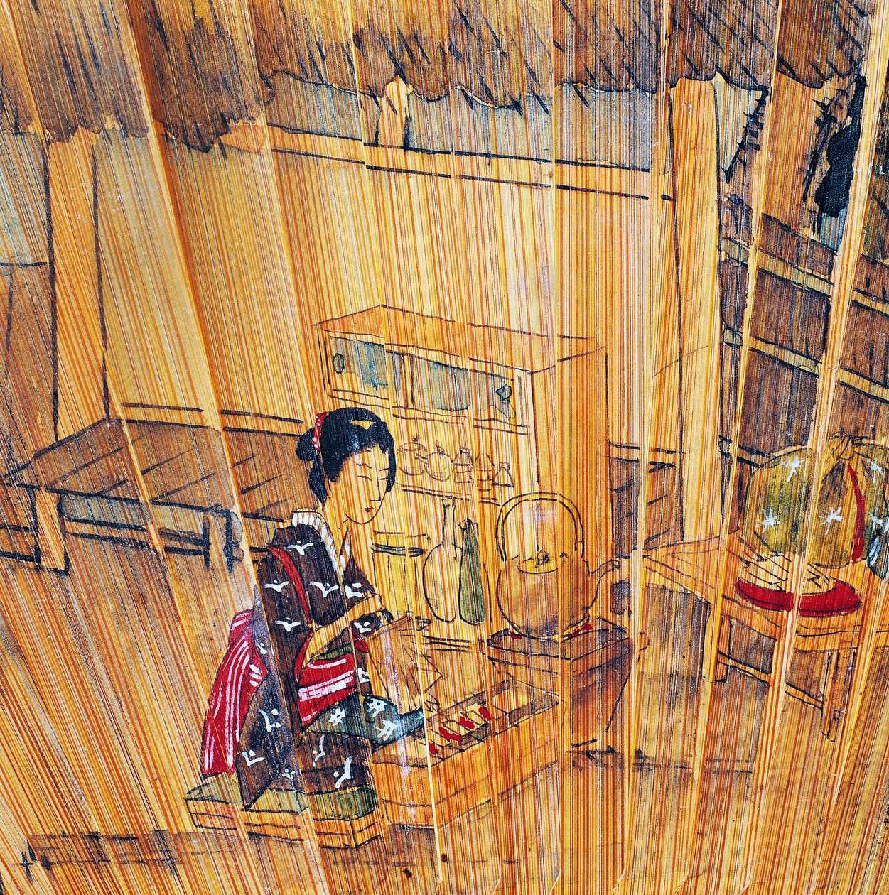 Lake ahşap çıtalı çift taraflı fan ve çay hazırlığını gösteren koruyucu by Culture Edo