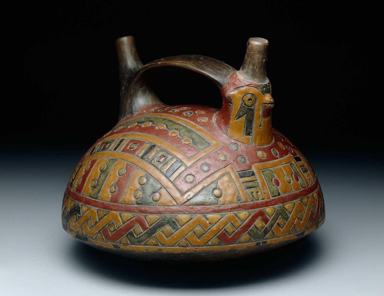 Bir şahini betimleyen çift ağızlı kayış kulplu kap, Early Horizon, Epoch 8, MÖ 500-400 dolayları. (seramik ve reçine askılı boya) by Culture Paracas