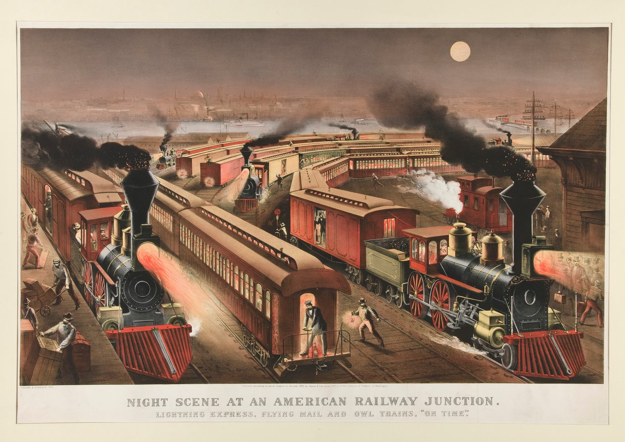 Bir Amerikan Demiryolu Kavşağında Gece Manzarası by Currier and Ives
