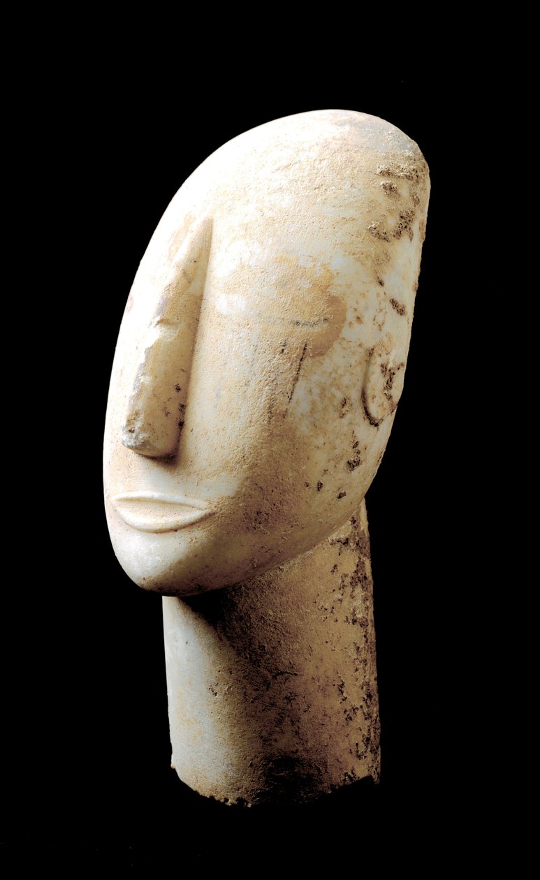 Kiklad Sanatı: “” koca kafa””” Mermer heykel. M.Ö. 3000. Kiklad Uygarlığı (-3200 a -2000) Atina, Ulusal Arkeoloji Müzesi by Cycladic