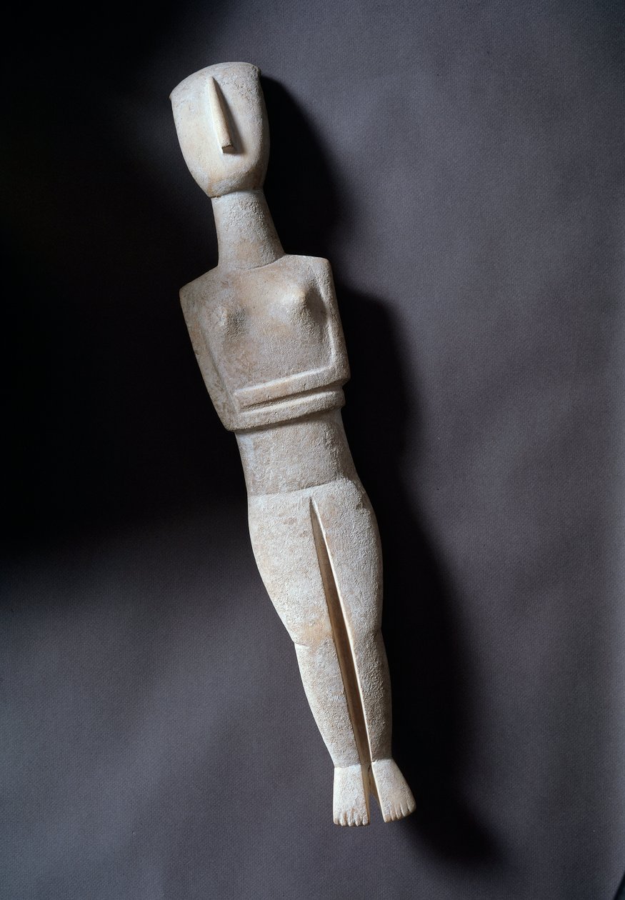 Kadın idolü, şematik heykelcik, hardal kakmalı beyaz mermer, MÖ 3200-2000 by Cycladic Cycladic